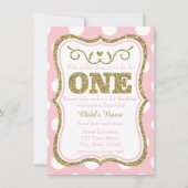Roze Gold Glitter 1e verjaardag Uitnodiging (Voorkant)