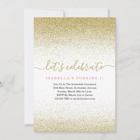 Roze & Gold Glitter 1e verjaardag Uitnodiging eers (Voorkant)