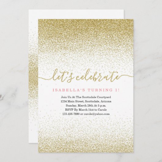 Roze & Gold Glitter 1e verjaardag Uitnodiging eers (Voorkant / Achterkant)