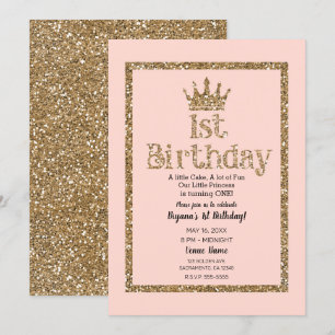 Roze Gold Glitter 1st Birthday Princess Crown Kaart