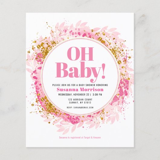 Roze Gold Glitter Baby Girl Shower (Voorkant)