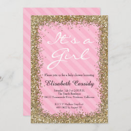 Roze & Gold Glitter Baby Girl Shower Kaart