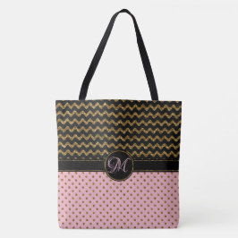 Roze Gold Glitter Black Chevron Monogrammed Large Tote Bag