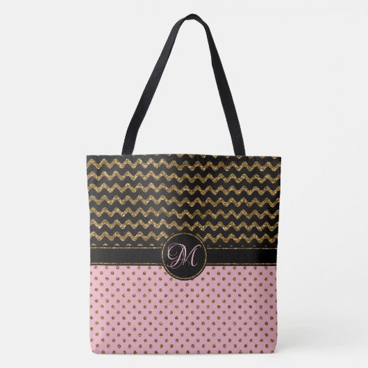 Roze Gold Glitter Black Chevron Monogrammed Large Tote Bag (Voorkant)