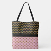 Roze Gold Glitter Black Chevron Monogrammed Large Tote Bag (Achterkant)