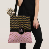 Roze Gold Glitter Black Chevron Monogrammed Large Tote Bag (Dichtbij)