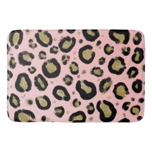 Roze Gold Glitter & Black Leopard Cheetah Print Badmat (Voorkant)