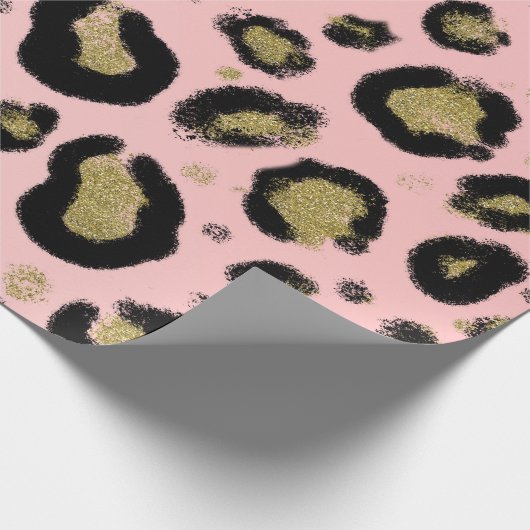 Roze Gold Glitter & Black Leopard Cheetah Print Cadeaupapier (Hoek)