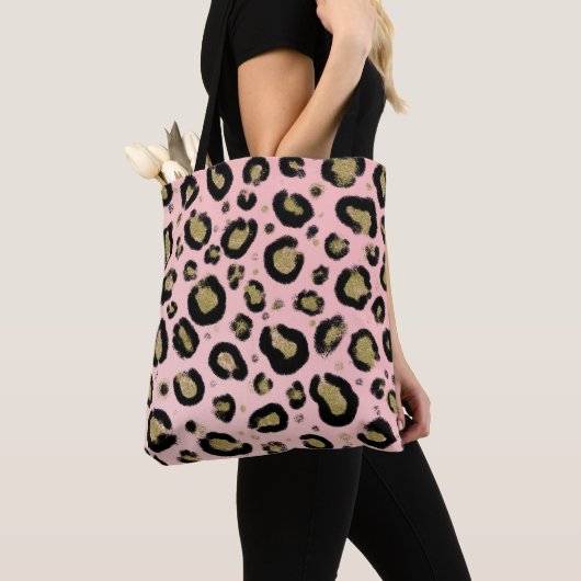 Roze Gold Glitter & Black Leopard Cheetah Print Tote Bag (Dichtbij)