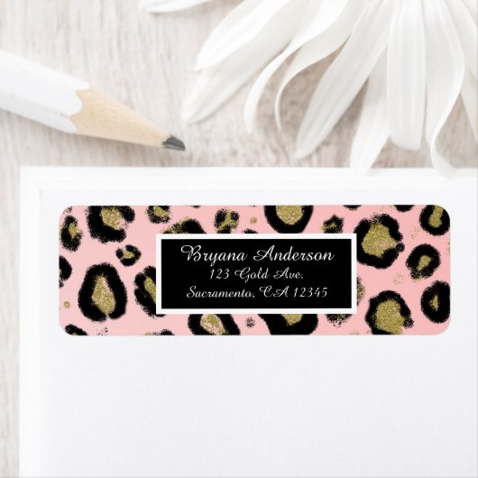 Roze Gold Glitter & Black Leopard Sweet 16 Party Etiket (Insitu)