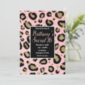 Roze Gold Glitter & Black Leopard Sweet 16 Party Kaart (Staand voorkant)