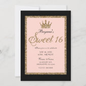 Roze Gold Glitter & Black Sweet 16 Princess Crown Kaart (Voorkant)