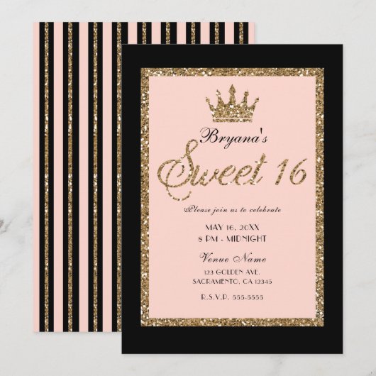 Roze Gold Glitter & Black Sweet 16 Princess Crown Kaart (Voorkant / Achterkant)