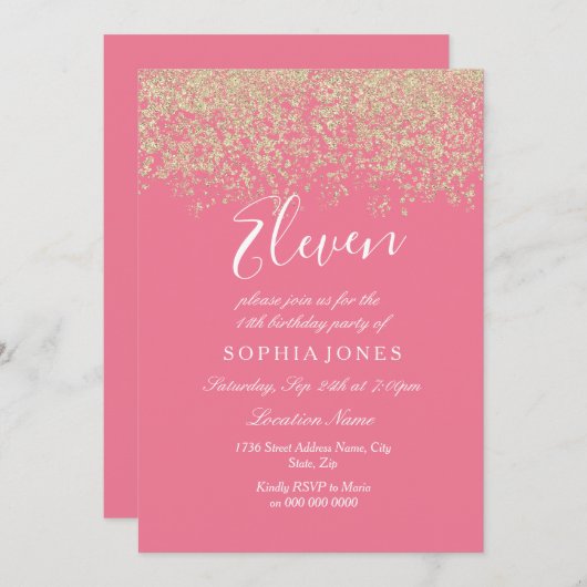 Roze Gold Glitter Confetti 11e verjaardag Kaart (Voorkant / Achterkant)