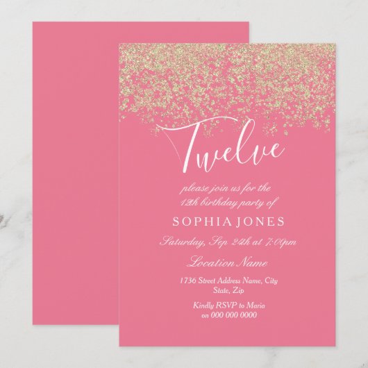 Roze Gold Glitter Confetti 12e verjaardag Kaart (Voorkant / Achterkant)