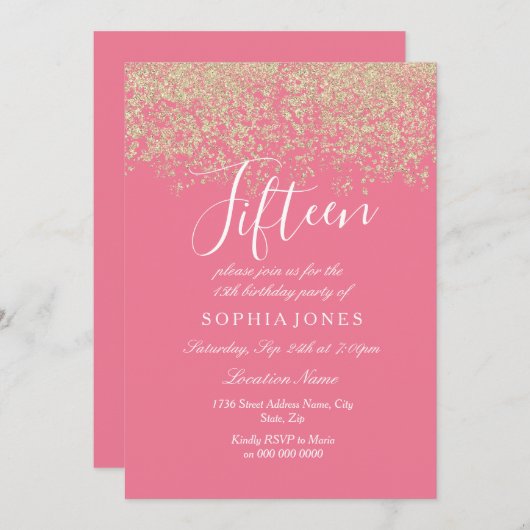 Roze Gold Glitter Confetti 15e verjaardag Kaart (Voorkant / Achterkant)