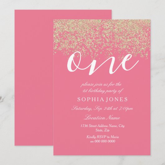 Roze Gold Glitter Confetti 1e verjaardag Kaart (Voorkant / Achterkant)
