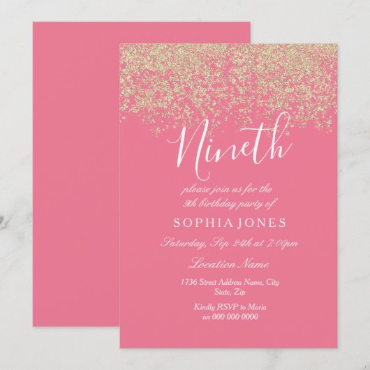 Roze Gold Glitter Confetti 9de verjaardag Kaart (Voorkant / Achterkant)