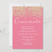 Roze Gold Glitter Confetti Quinceanera Uitnodiging (Voorkant)