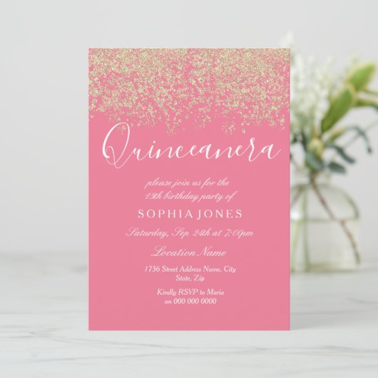 Roze Gold Glitter Confetti Quinceanera Uitnodiging (Staand voorkant)