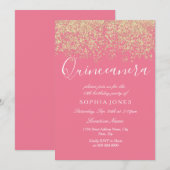 Roze Gold Glitter Confetti Quinceanera Uitnodiging (Voorkant / Achterkant)