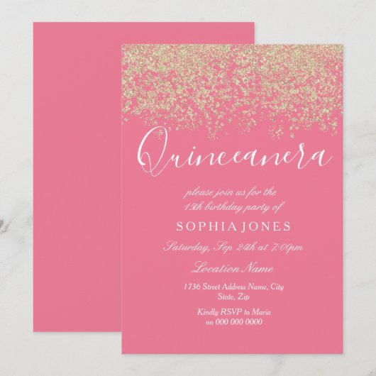 Roze Gold Glitter Confetti Quinceanera Uitnodiging (Voorkant / Achterkant)