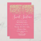 Roze Gold Glitter Confetti Sweet 16-jarig feest Kaart (Voorkant / Achterkant)