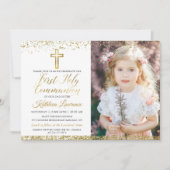 Roze Gold Glitter Cross First Heilige Communfoto Kaart (Voorkant)