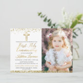 Roze Gold Glitter Cross First Heilige Communfoto Kaart (Staand voorkant)