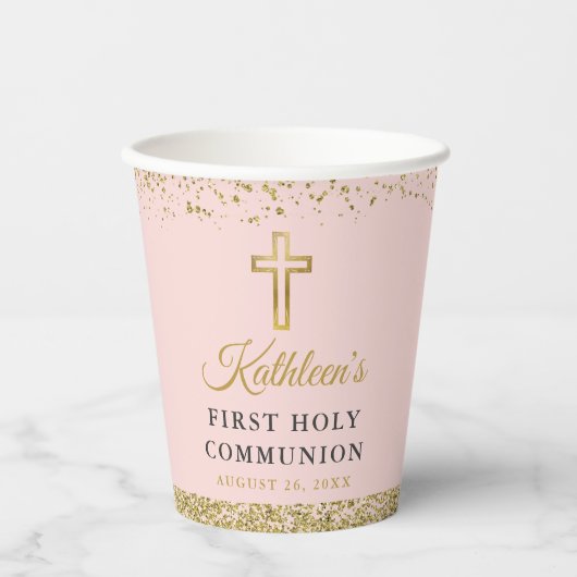 Roze Gold Glitter Cross First Heilige Communie Papieren Bekers (Voorkant)
