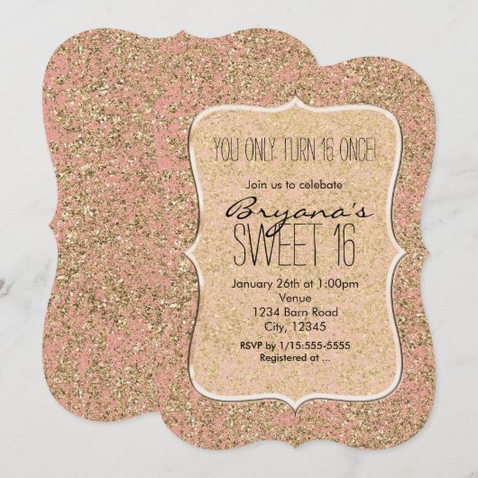 Roze & Gold Glitter Crystal Glam Party - Uitnodigi Kaart (Voorkant / Achterkant)