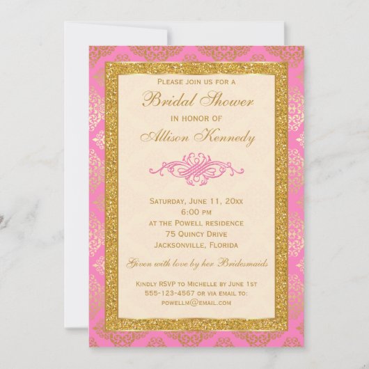 Roze, Gold Glitter Damask Bridal Shower Uitnodigin Kaart (Voorkant)