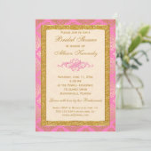 Roze, Gold Glitter Damask Bridal Shower Uitnodigin Kaart (Staand voorkant)