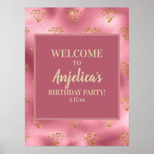 Roze Gold Glitter Diamonds Girl's Birthday Party Poster