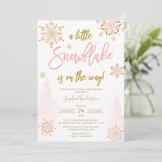 Roze Gold Glitter Een klein sneeuwvlokBaby shower Kaart (Staand voorkant)