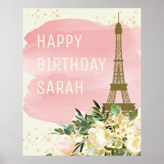 Roze Gold Glitter Eiffel Tower Happy Birthday Poster (Voorkant)