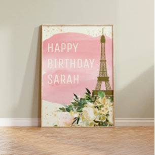 Roze Gold Glitter Eiffel Tower Happy Birthday Poster