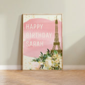 Roze Gold Glitter Eiffel Tower Happy Birthday Poster