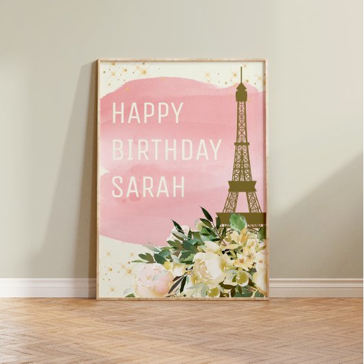 Roze Gold Glitter Eiffel Tower Happy Birthday Poster