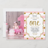 Roze, Gold Glitter First Birthday Photo Invitation Kaart (Voorkant)