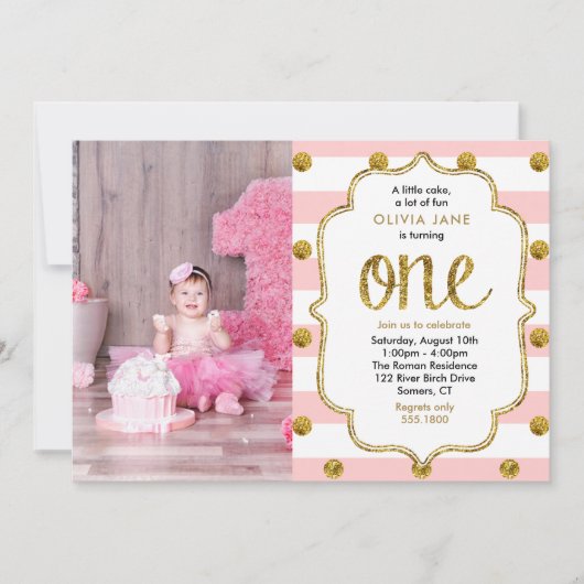 Roze, Gold Glitter First Birthday Photo Invitation Kaart (Voorkant)