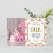 Roze, Gold Glitter First Birthday Photo Invitation Kaart (Staand voorkant)