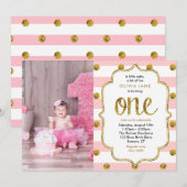 Roze, Gold Glitter First Birthday Photo Invitation Kaart (Voorkant / Achterkant)