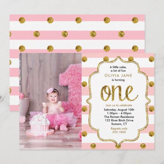 Roze, Gold Glitter First Birthday Photo Invitation Kaart (Voorkant / Achterkant)
