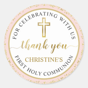 Roze Gold Glitter First Heilige Communie Dank u we Ronde Sticker