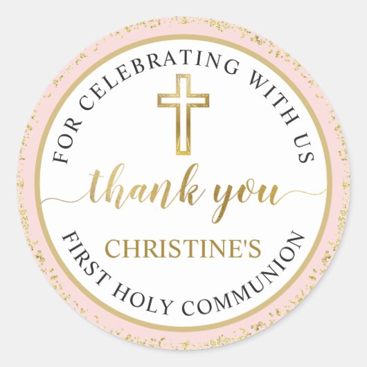 Roze Gold Glitter First Heilige Communie Dank u we Ronde Sticker (Voorkant)