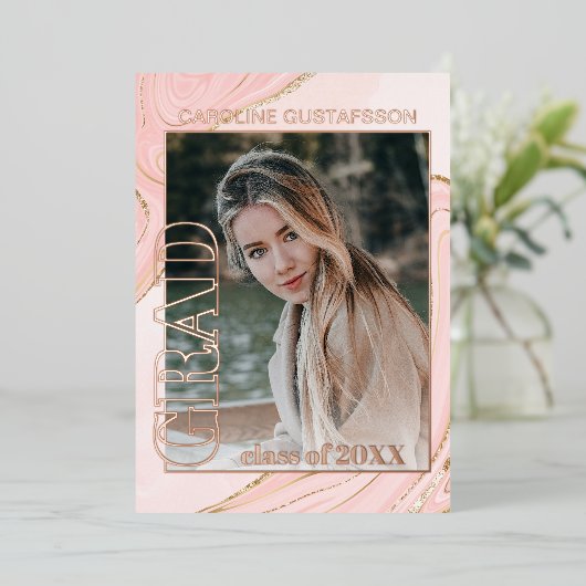 Roze Gold Glitter Folie Afstuderen aankondiging (Staand Voorkant)