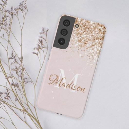 Roze Gold Glitter Girly  Initiaal Naam Samsung Galaxy Hoesje