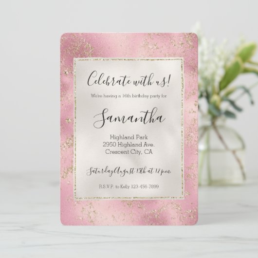 Roze Gold Glitter Glitz Pearl White Kaart (Staand voorkant)