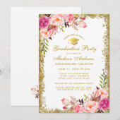 Roze Gold Glitter Graduter Party Invitation Kaart (Voorkant / Achterkant)